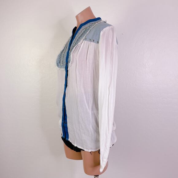 Desigual Western Rodeo Country Gauze Denim Fringe Sleeve Boho Top White S NWT - Picture 6 of 11